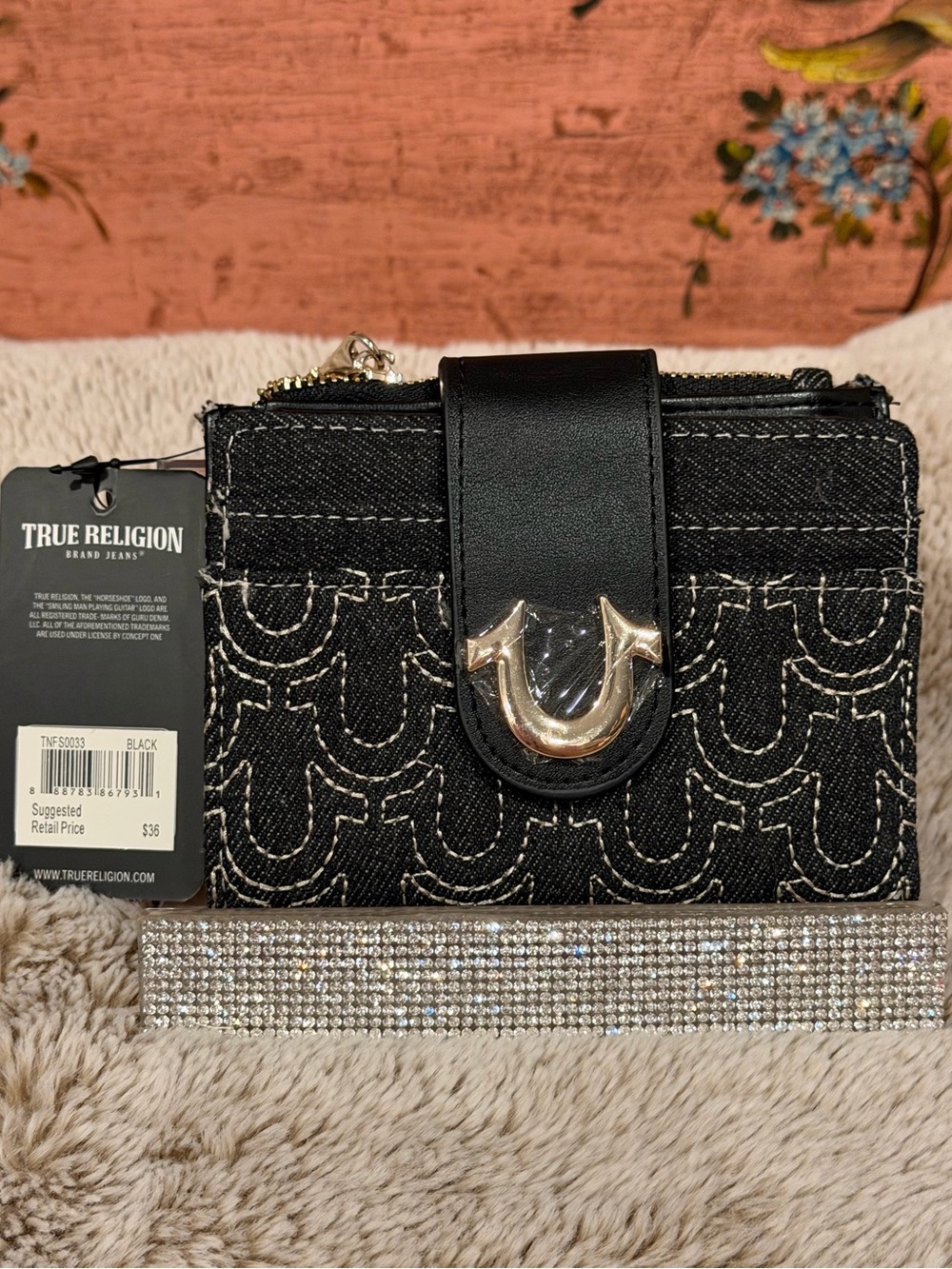 True Religion Black Denim Quilted Wallet with Silver Hardware